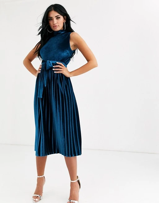 ASOS DESIGN sleeveless high neck pleated open back velvet midi dress