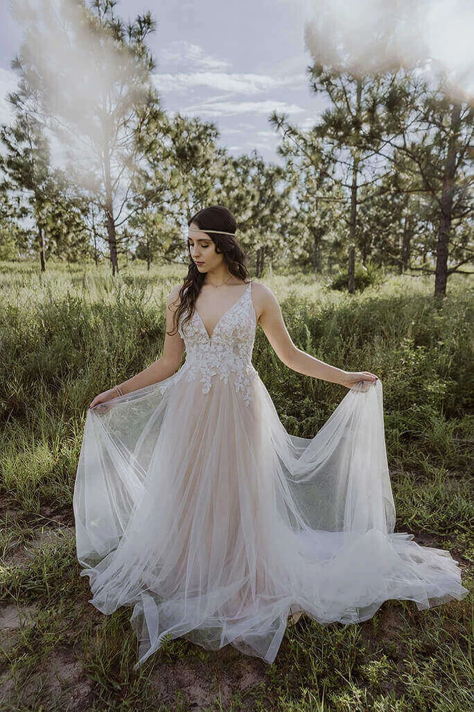 cottagecore wedding dress Jenny Vintage A-line cut lace motifs at the neckline Off Shoulder Puff Sleeve Lace