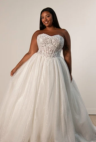 Bride wearing strapless lace ballgown wedding gown