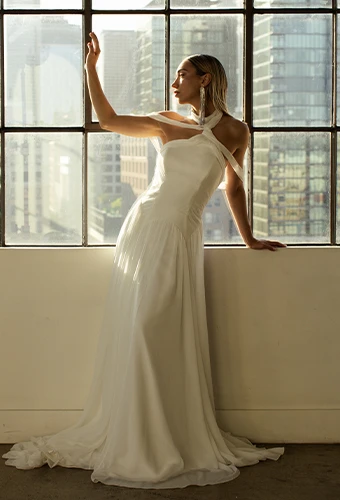 Bride wearing chiffon a-line wedding dress