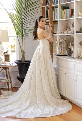Bride wearing shimmering wedding dress with sheer overskirt