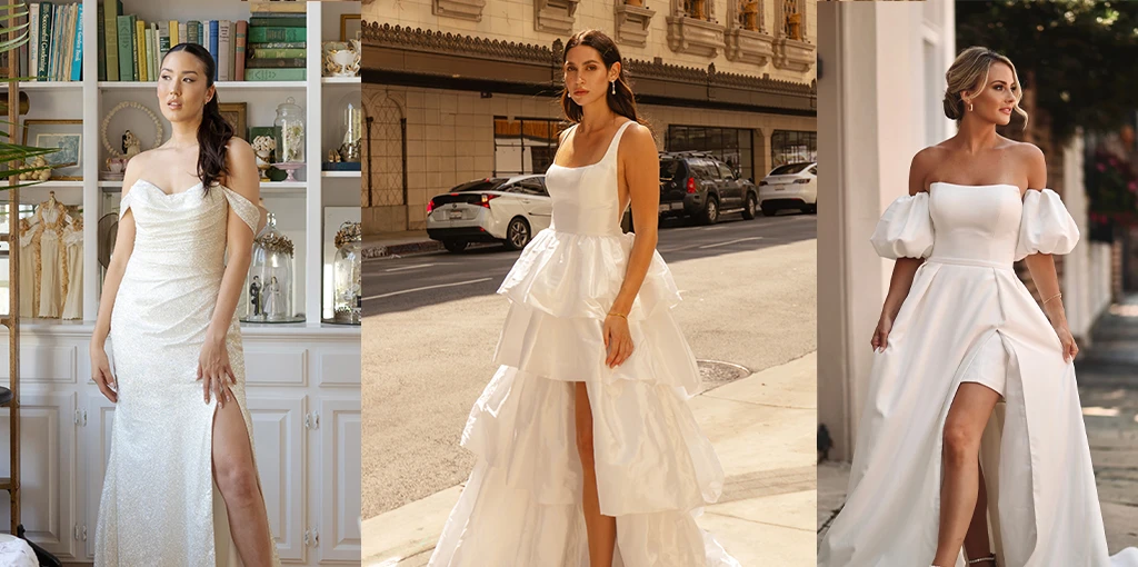 Three brides wearing wedding dresses with overskirts