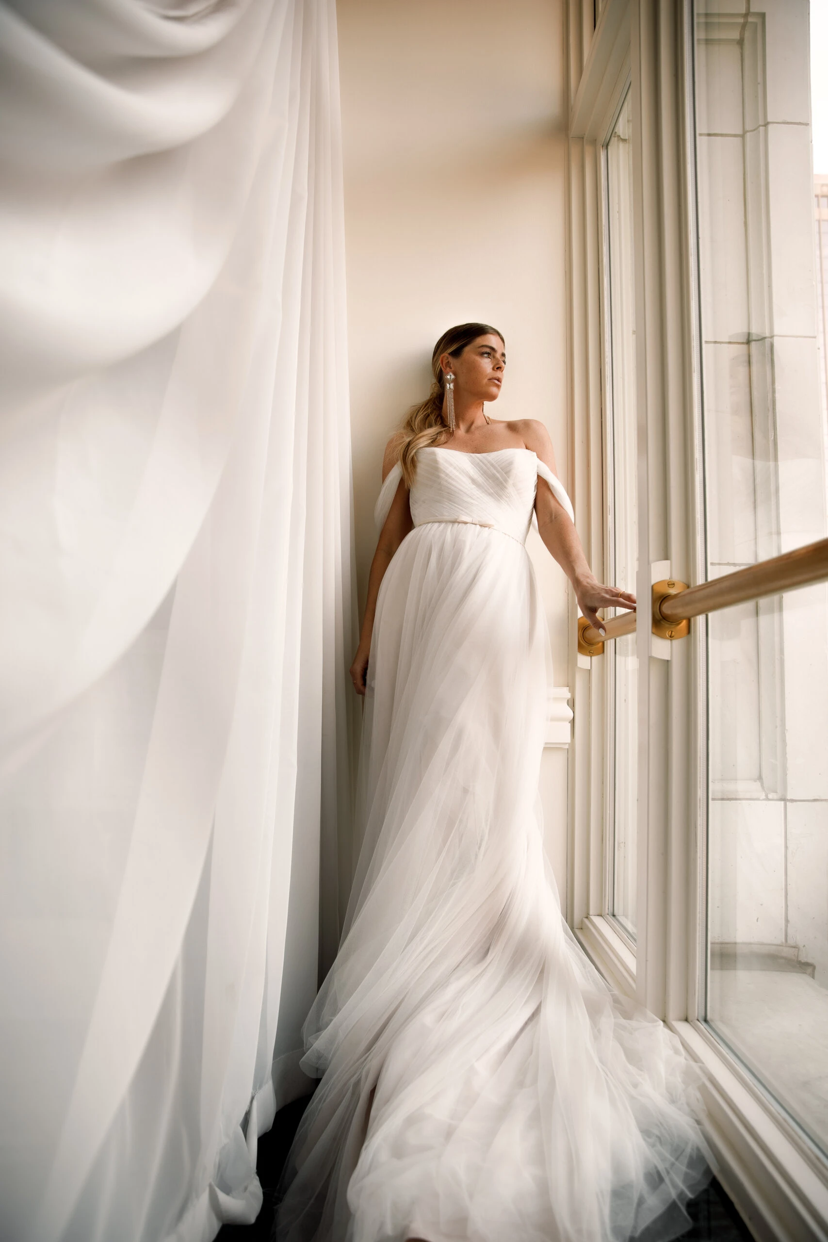 simple a-line wedding dress with off the shoulder detachable straps - D3593 by Essense of Australia