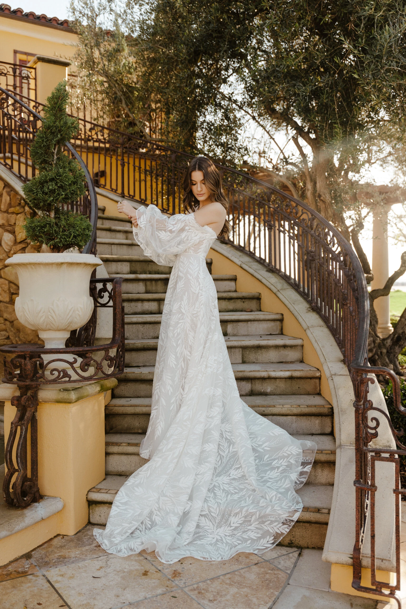 lace a-line wedding dress with off the shoulder flowy sleeves - 1633 by Martina Liana