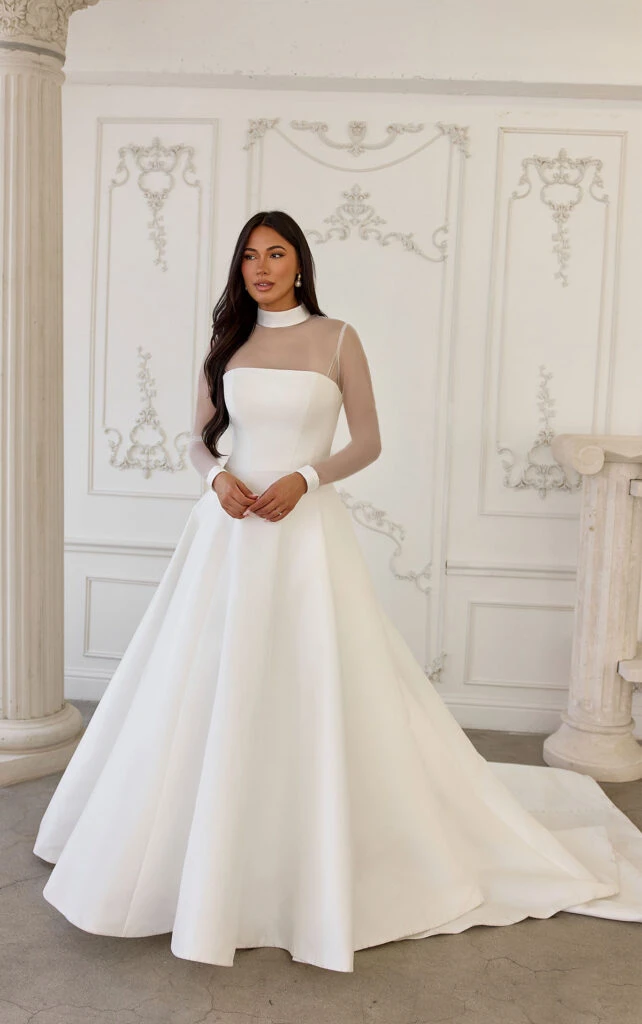 simple modest long sleeve a-line wedding dress with high neck and wrist cuffs - ML1926 by Martina Liana