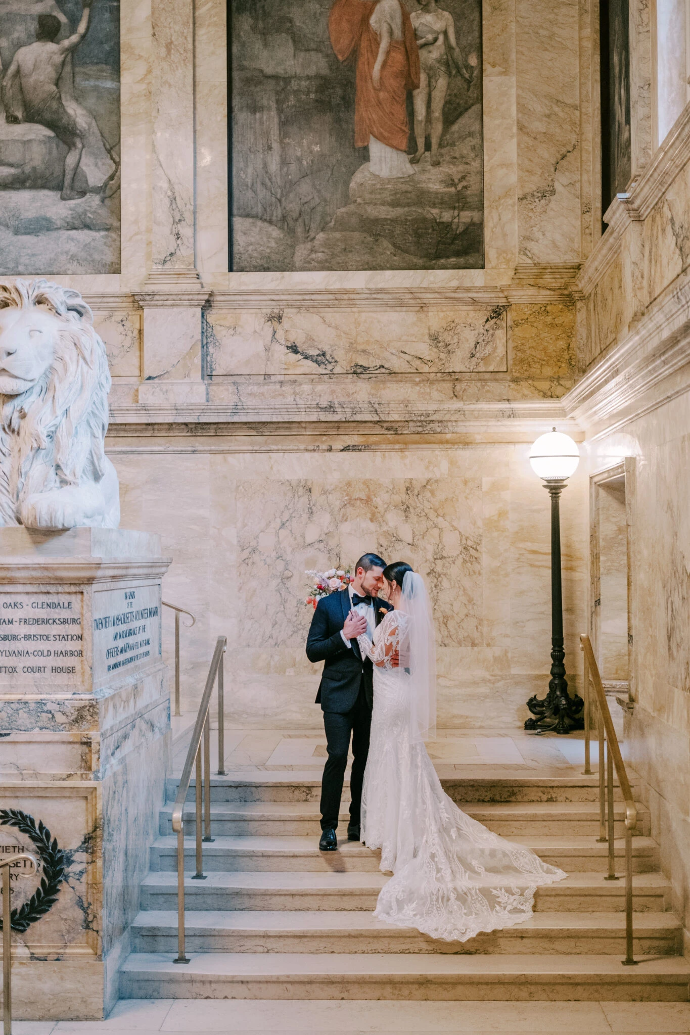 real bride posing on marble stairs with husband - D3150 by Essense of Australia