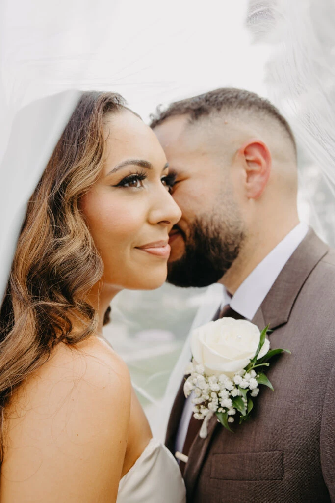 real bride olivia posed face to face closeup - style 7711 by Stella York