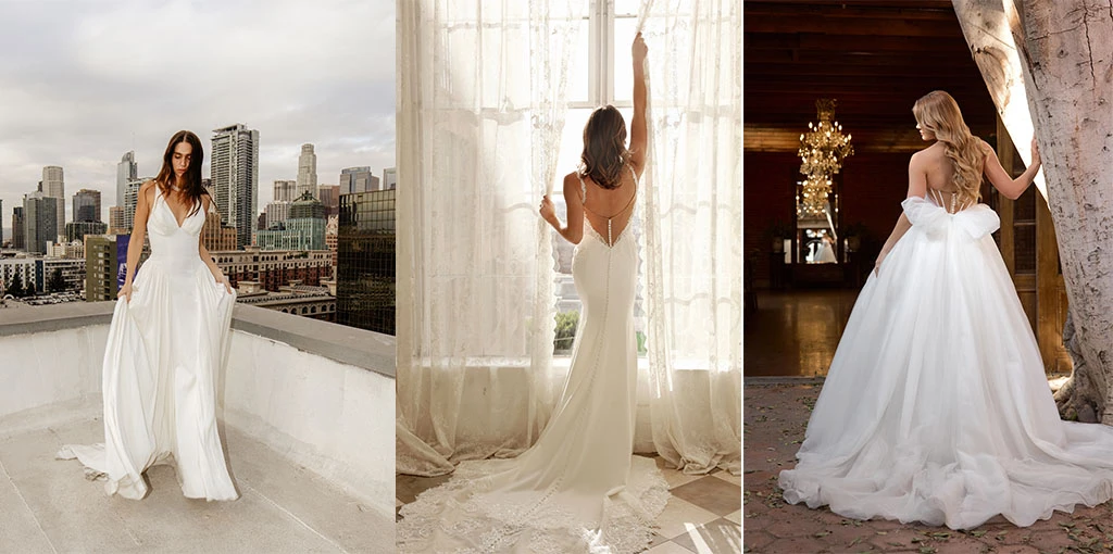 Three brides wearing wedding dresses