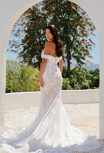 bride posing with back to camera wearing 1870 by Martina Liana