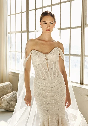 sparkling fit-and-flare wedding dress with sheer bodice - LE1339 by Martina Liana Luxe