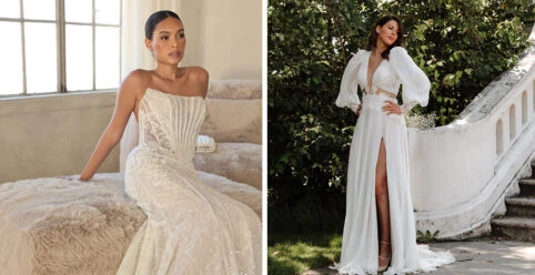Two brides wearing lace wedding dresses