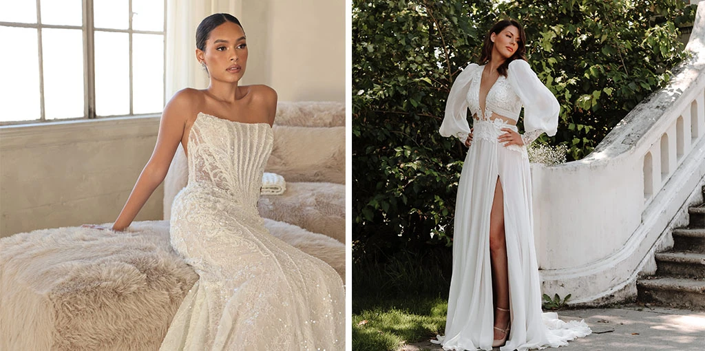 Two brides wearing lace wedding dresses