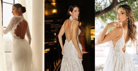 Three brides wearing backless dresses