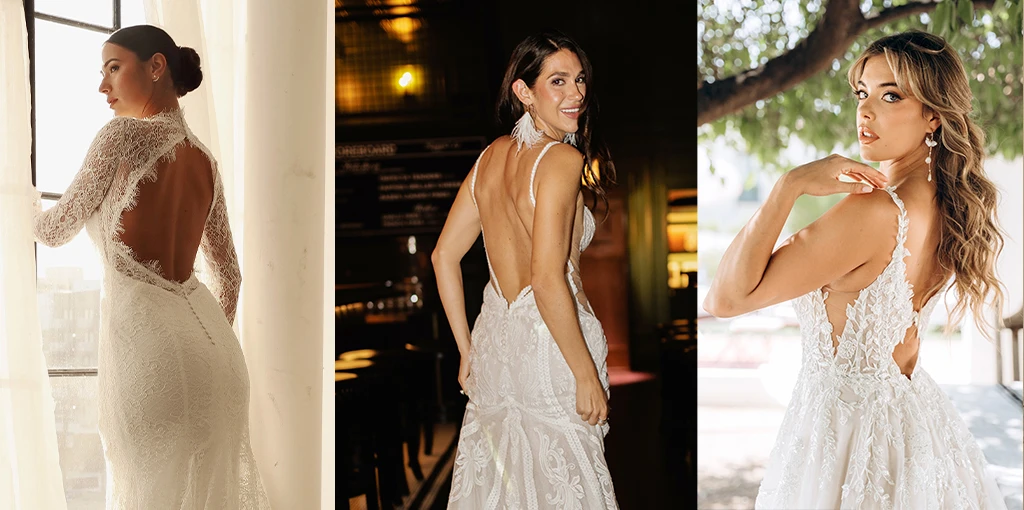 Three brides wearing backless dresses