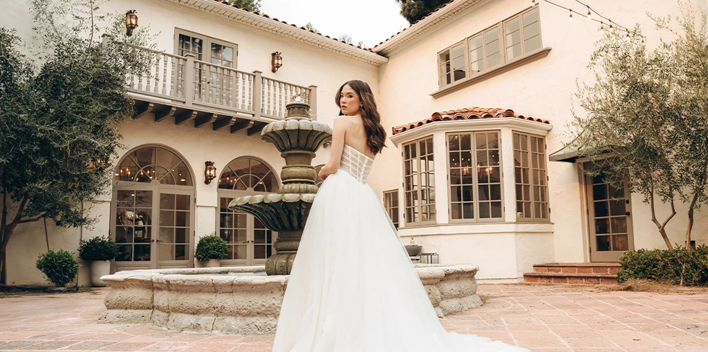 Bride wearing strapless ballgown wedding dress