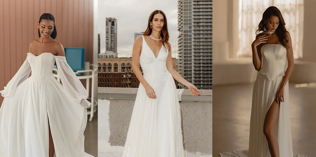 Three brides wearing chiffon wedding dresses