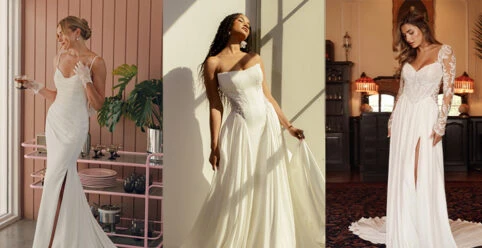 Three brides wearing crepe wedding dresses