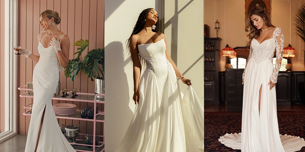 Three brides wearing crepe wedding dresses