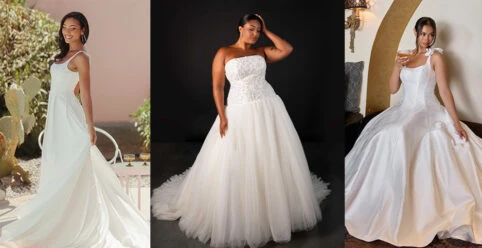 Three brides wearing mikado wedding dresses