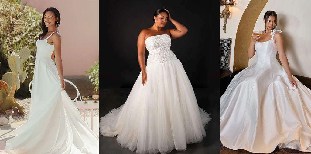 Three brides wearing mikado wedding dresses