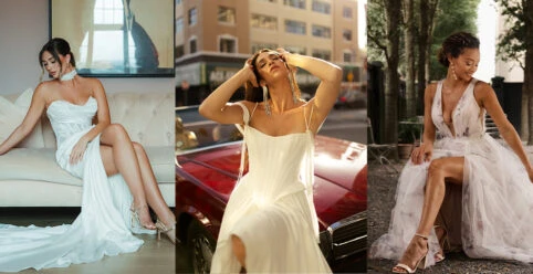 Three brides posing in their wedding dresses