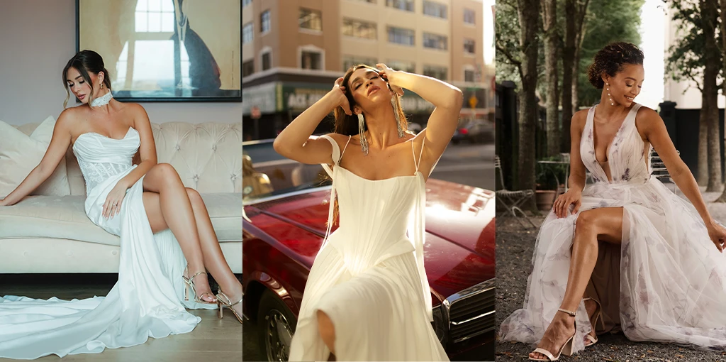 Three brides posing in their wedding dresses