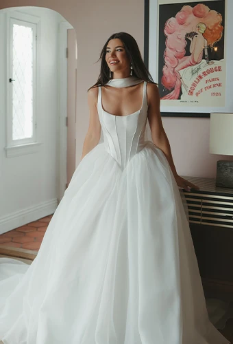 Bride wearing ballgown wedding dress with scoop neckline