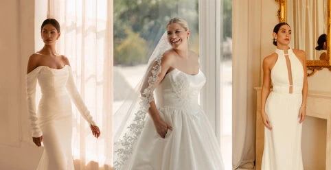Three brides wearing wedding dresses with different necklines