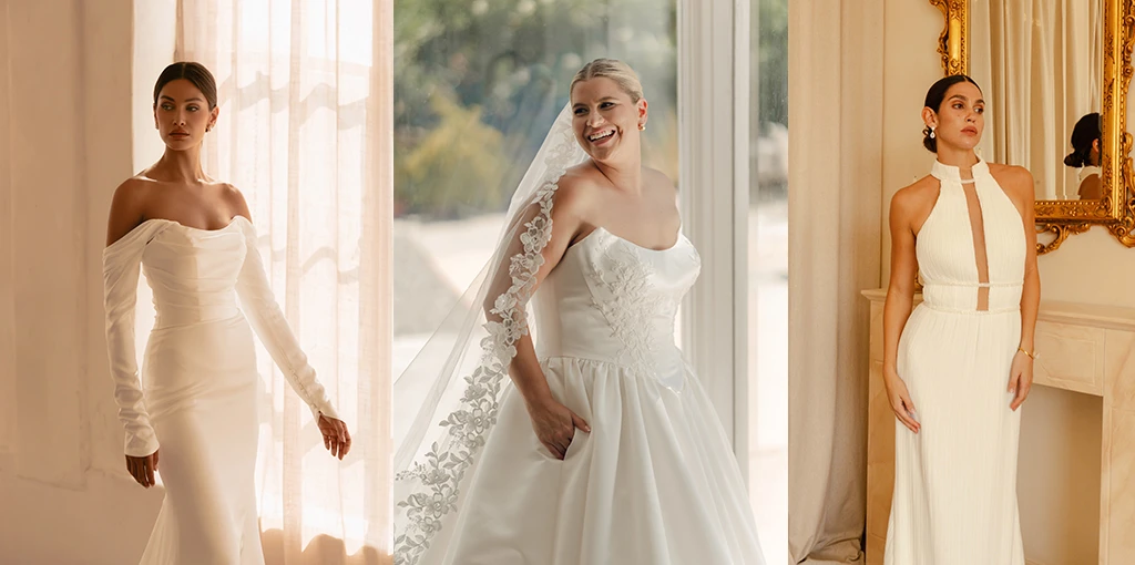 Three brides wearing wedding dresses with different necklines