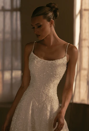Bride wearing sparkling lace wedding dress with scoop neckline and spaghetti straps