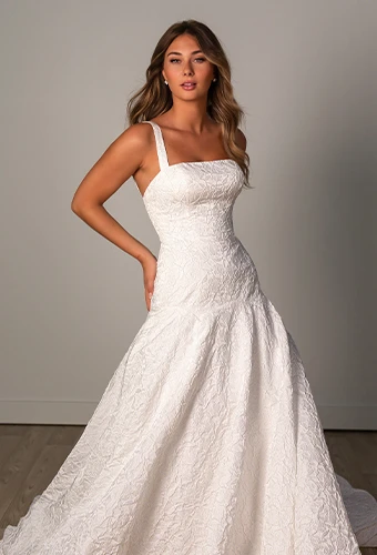 Bride wearing drop waist wedding gown with square neckline and straps