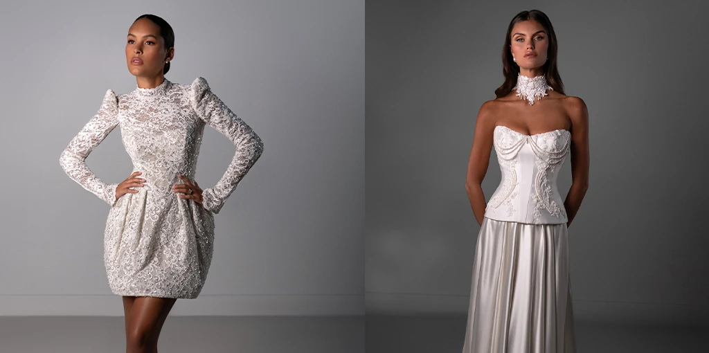 Brides wearing designer wedding dresses