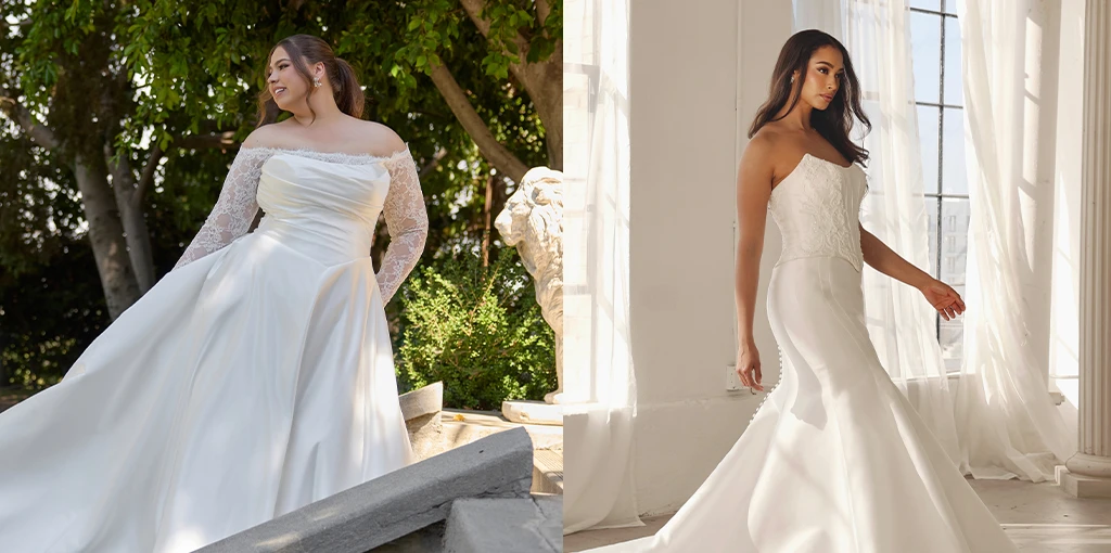 Brides wearing satin wedding dresses