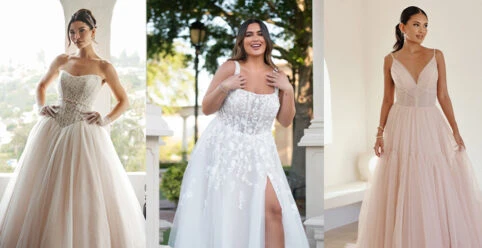 Three brides wearing tulle wedding dress