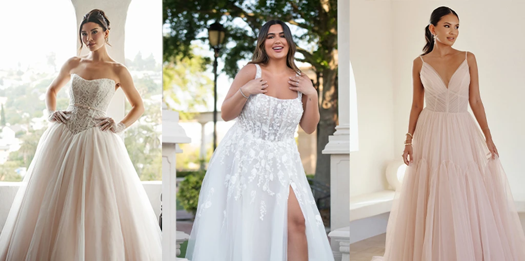 Three brides wearing tulle wedding dress