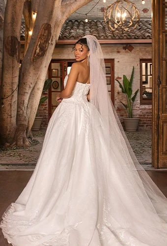 Bride wearing strapless lace ballgown wedding dress with lace details