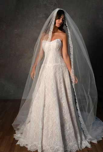 Bride wearing strapless a-line drop waist wedding gown with allover lace and sweetheart neckline