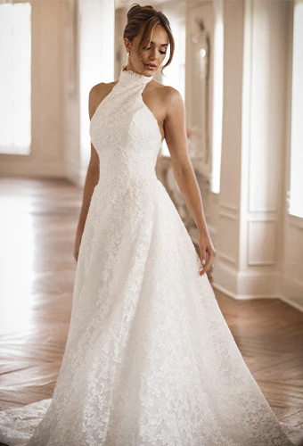 Bride wearing halter wedding dress with high neckline and allover lace