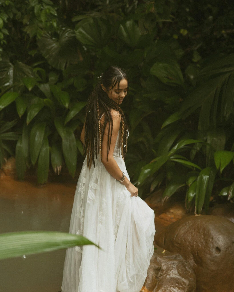 Real bride Daniela posing in her wedding gown