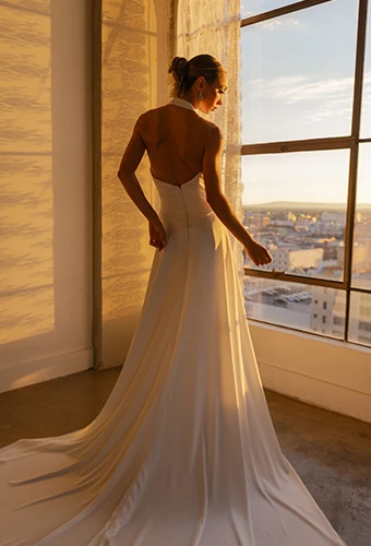 Bride wearing simple halter wedding dress