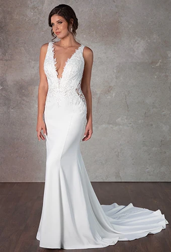 White fit-and-flare wedding dress with beaded V-neckline and side cutouts - Style D4155 by Essense of Australia