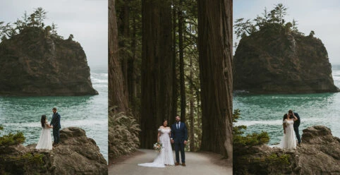 True Bride Teresa and Eric at the Oregon coast cliffs and among giant trees in Redwood National Park.