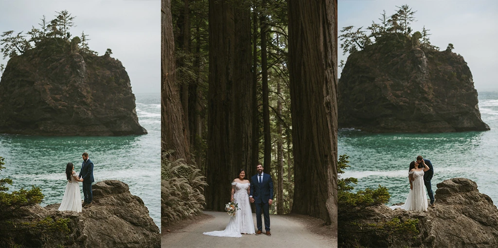 True Bride Teresa and Eric at the Oregon coast cliffs and among giant trees in Redwood National Park.