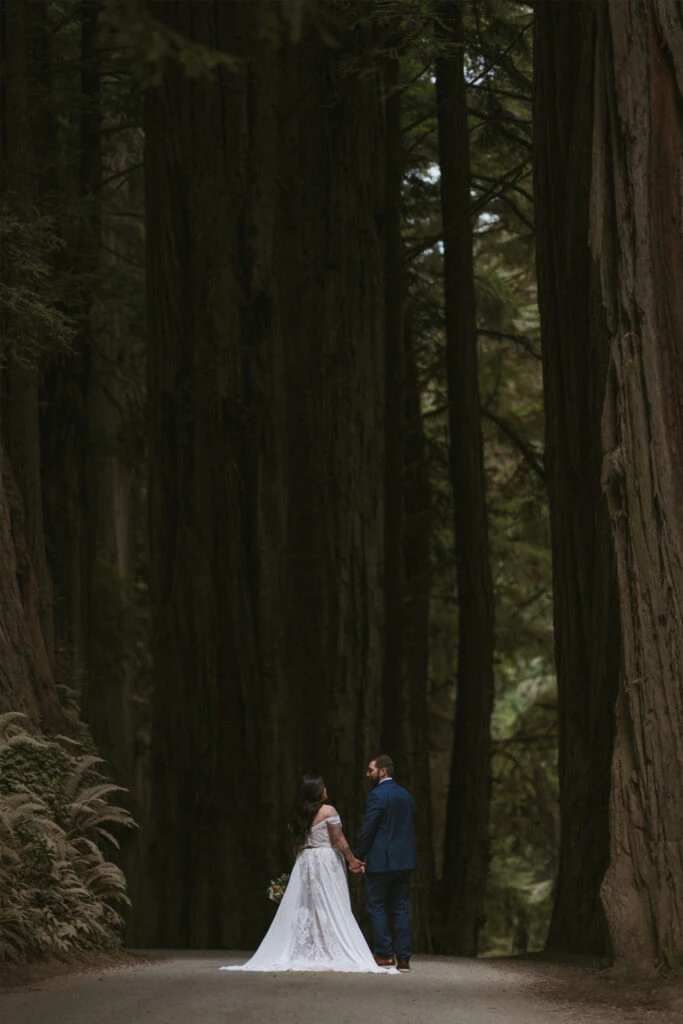 Real Bride Teresa and Eric surrounded by the towering trees of Redwood National Park