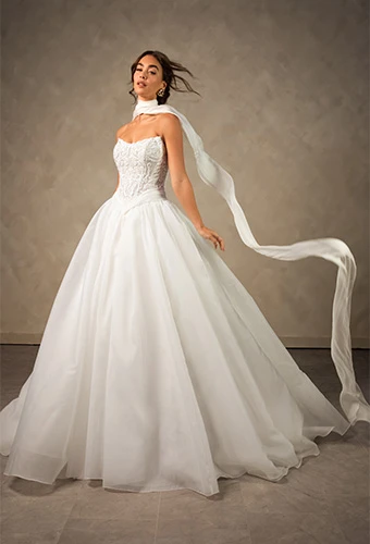 Bride wearing basque waist wedding dress with neck scarf, Essense of Australia D4580