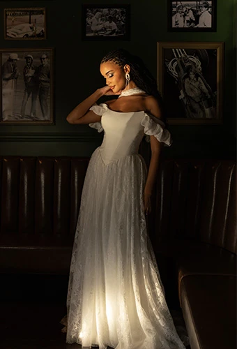 Bride wearing off-shoulder lace a-line wedding gown, All Who Wander east