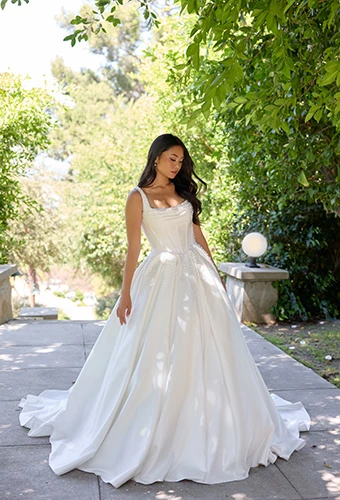 Bride wearing pearl ballgown with draped neckline, Essense of Australia D4418