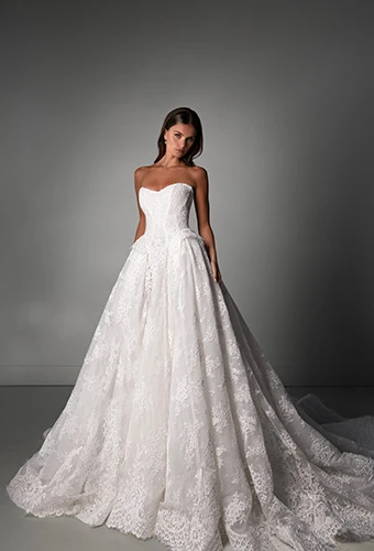 Bride wearing strapless princess ballgown with corset and drop waist, Martina Liana Luxe LE1435
