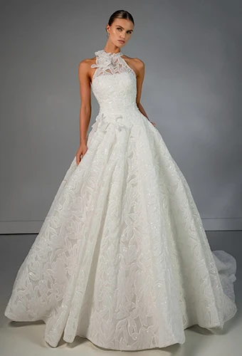 Bride wearing high-neck sequin a-line gown with dimensional floral motifs, Martina Liana Luxe LE1475
