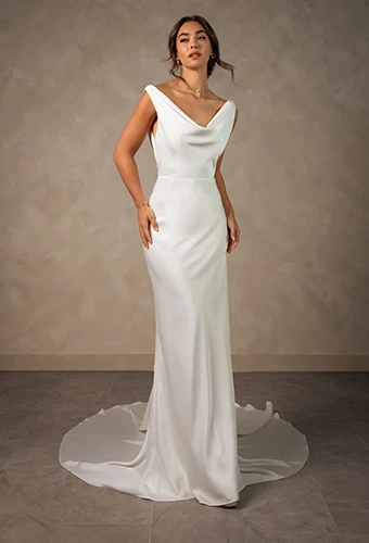 Bride wearing minimalist silk sheath wedding dress with cowl neckline, Essense of Australia D4574